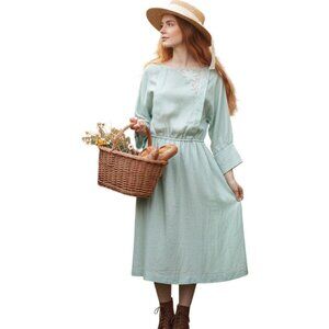 Vtg Brenner Petites Cottagecore Mint Green Pleated Lace Bodice Dress M Granny